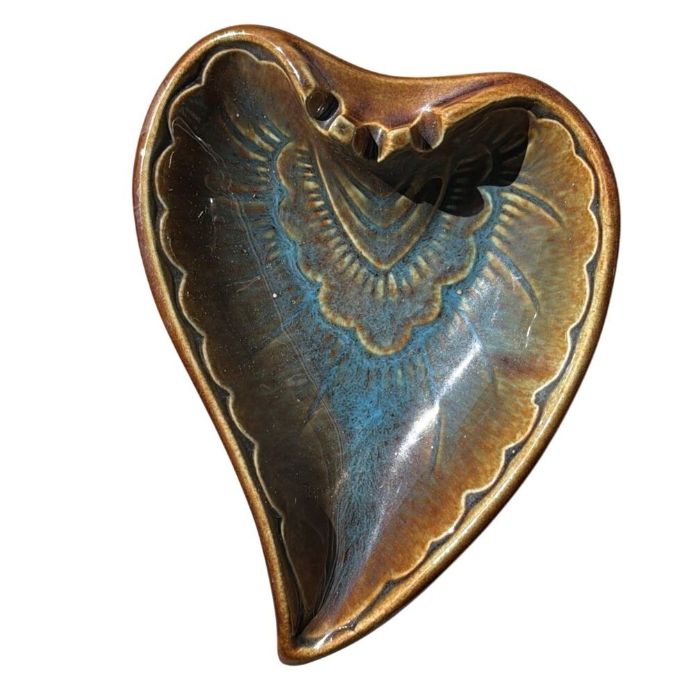 1960s Maurice of California Glazed Leaf Ashtray BrownTurquoise